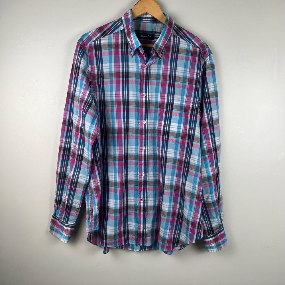 Massimo Dutti Men's XL Lonsleeve Collared Button Down Shirt Plaid Pink Blue